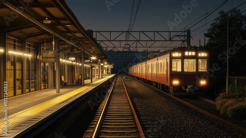 A train approaching a quiet platform, illuminated by soft station lights as evening falls, creating a serene ambiance.