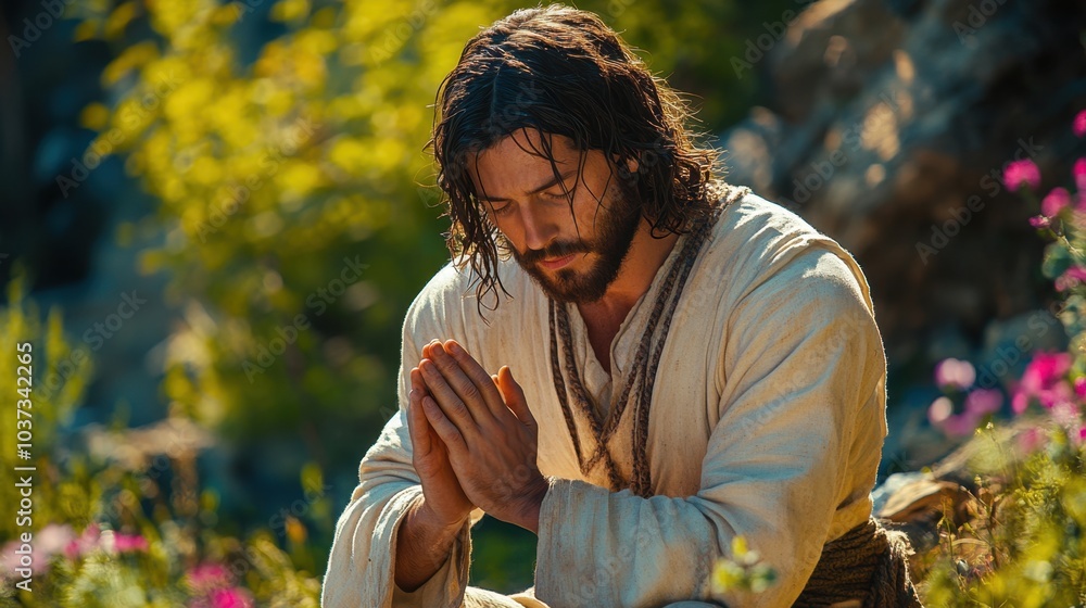 Fototapeta premium A moment of Jesus pray in a vibrant garden filled with wildflowers during a serene sunrise