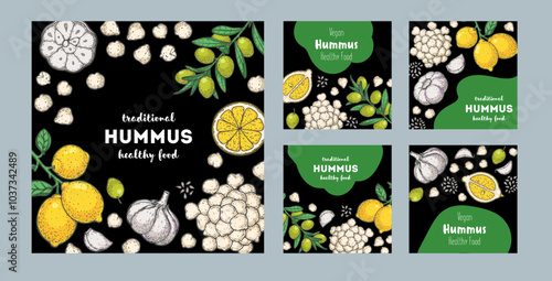 Hummus packaging design template. Cooking and ingredients for hummus. Sketch illustration. Middle eastern cuisine frame. Healthy food recipe, design elements. Hand drawn, package design.