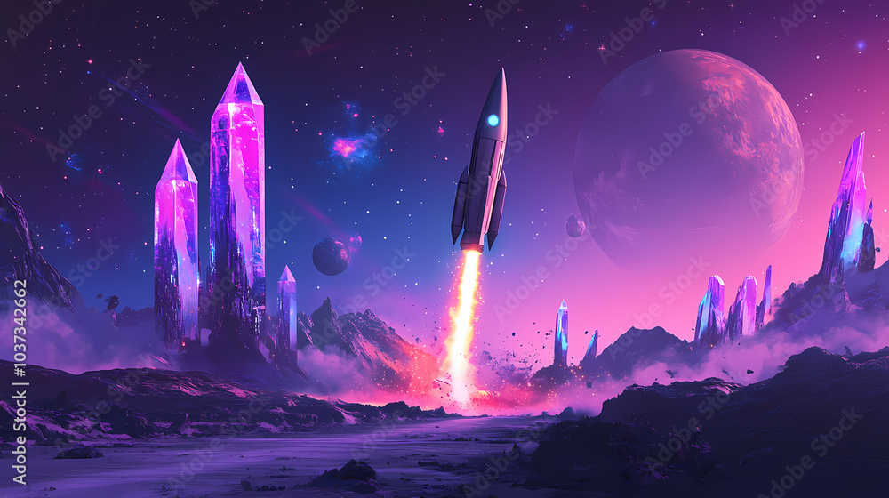Futuristic rocket launch with neon crystals, vibrant colors, and distant planet in space illustration. perfect sci-fi concept art. Starship Launch. Illustration Futuristic rocket launch with neon crystals, vibrant colors, and distant planet in space illustration. perfect sci-fi concept art. Starship Launch. Illustration