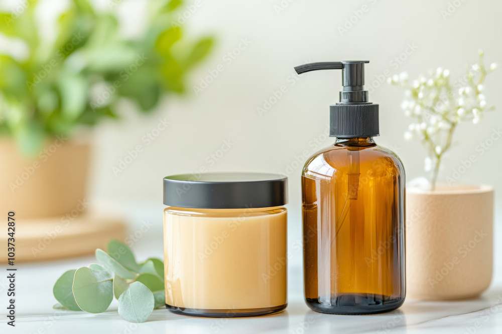 Aesthetic arrangement of candle and pump bottle on marble surface, surrounded by greenery, creating serene and calming atmosphere Aesthetic arrangement of candle and pump bottle on marble surface, surrounded by greenery, creating serene and calming atmosphere