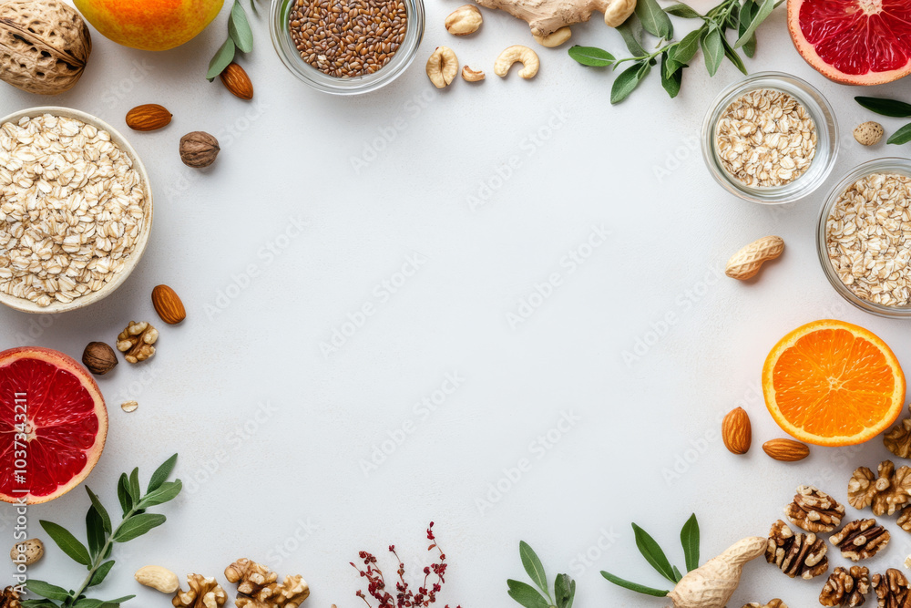 Fresh fruits and nuts surround light background, creating vibrant and healthy composition. This arrangement features oats, seeds, and various nuts, perfect for nutritious lifestyle Fresh fruits and nuts surround light background, creating vibrant and healthy composition. This arrangement features oats, seeds, and various nuts, perfect for nutritious lifestyle