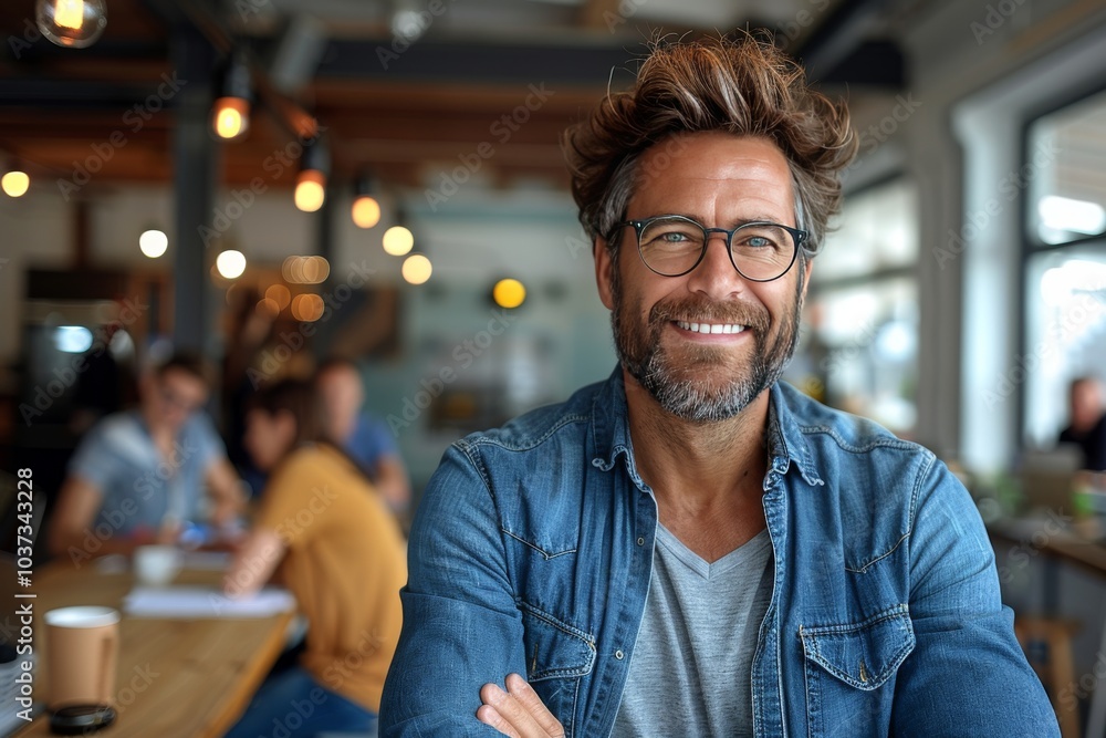 Man with glasses and a beard smiling confidently in a cozy café with people working in the background during the day Man with glasses and a beard smiling confidently in a cozy café with people working in the background during the day