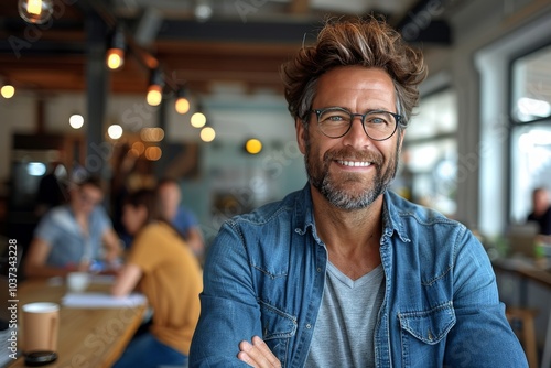 Man with glasses and a beard smiling confidently in a cozy café with people working in the background during the day