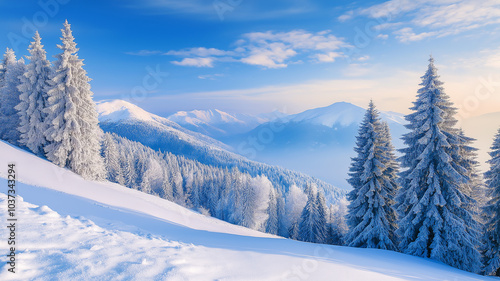 A snow-covered mountain landscape, with tall pine trees and a clear blue sky