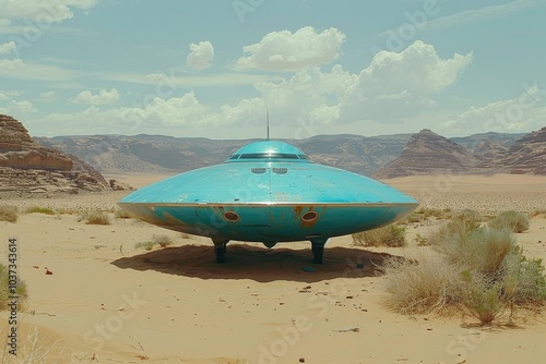 A blue flying saucer rests on sandy terrain surrounded by rocky formations under a bright sky in a desert landscape photo