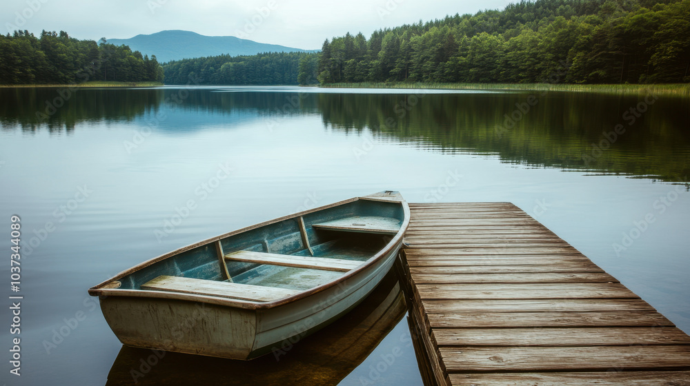 serene lake scene featuring wooden dock and rowboat, surrounded by lush greenery and mountains in background, evokes sense of tranquility and peace serene lake scene featuring wooden dock and rowboat, surrounded by lush greenery and mountains in background, evokes sense of tranquility and peace
