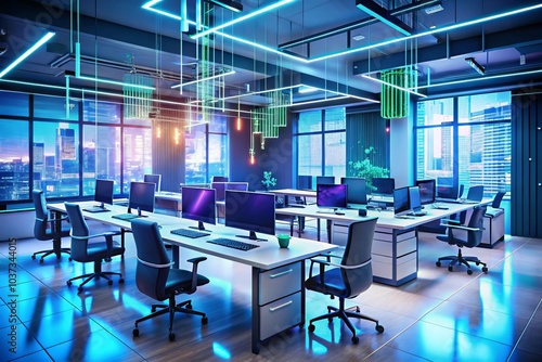 Neon Cyberpunk Open Space Office Interior, Modern IT Concept. This stunning neon cyberpunk open space office interior features modern information technology concepts, computers, and chairs. Generative