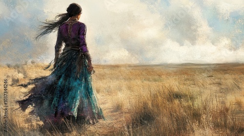 A serene journey through the golden grasslands at twilight with a woman in a flowing dress, framed by a vast and dramatic sky