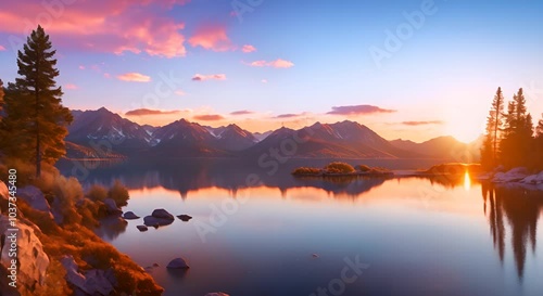 Wallpaper Mural Panoramic sunset in the natural landscape of mountains and lake animation video background 4K Torontodigital.ca