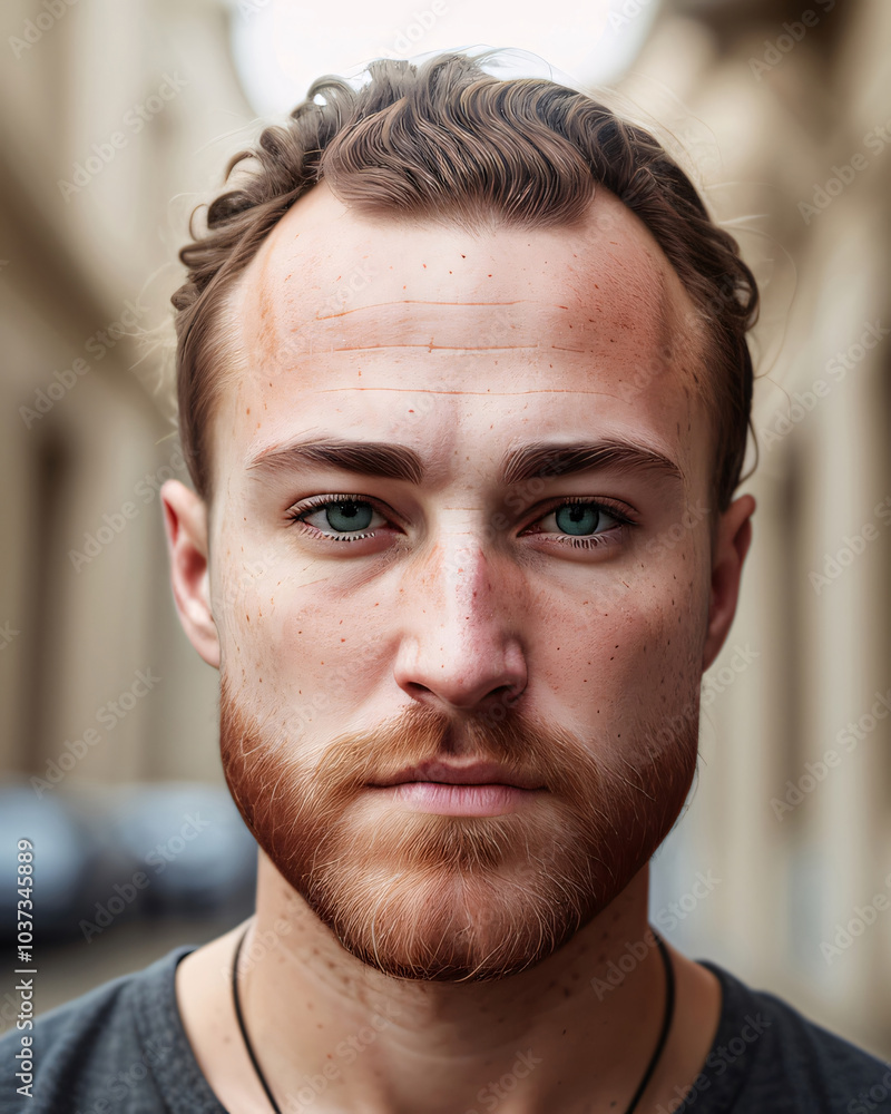 Obraz premium Portrait of a white American man with brown hair, blue eyes, freckled face.