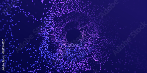 Ai technology round tunnel blurred particles dots banner. Big data neon hole background. Artificial Intelligence futuristic glitter connect design.