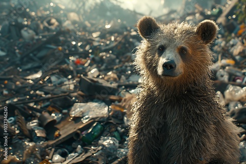 A young bear scavenges through littered debris in a landfill under soft sunlight during the early morning hours photo