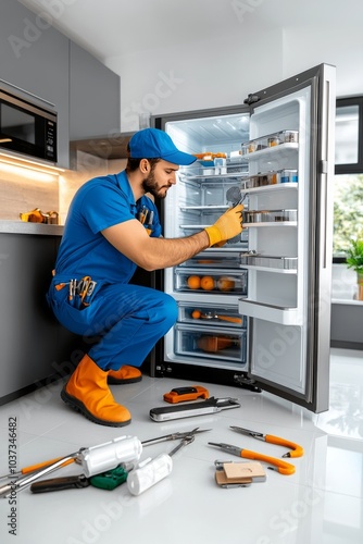 Técnico arrodillado ajustando las bandejas internas de un refrigerador en una cocina moderna. Herramientas esparcidas a su alrededor indican un proceso en curso.
 photo