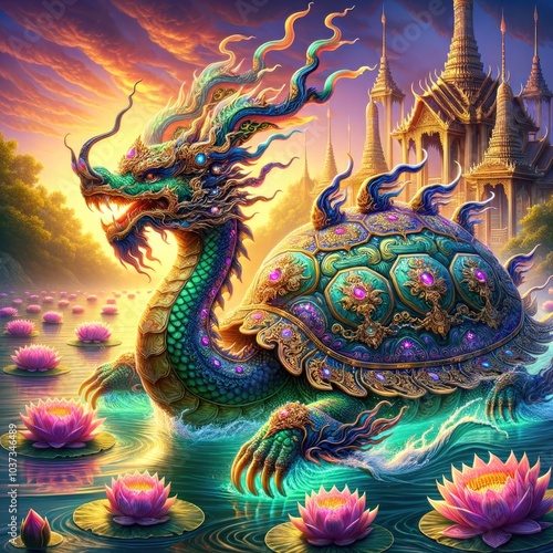 Majestic Mythical Turtle-Dragon: A Regal Creature with Ornate Jewel-Encrusted Shell Gliding Through a Lotus-Filled Lake Under a Glowing Sunset in a Mystical Landscape photo