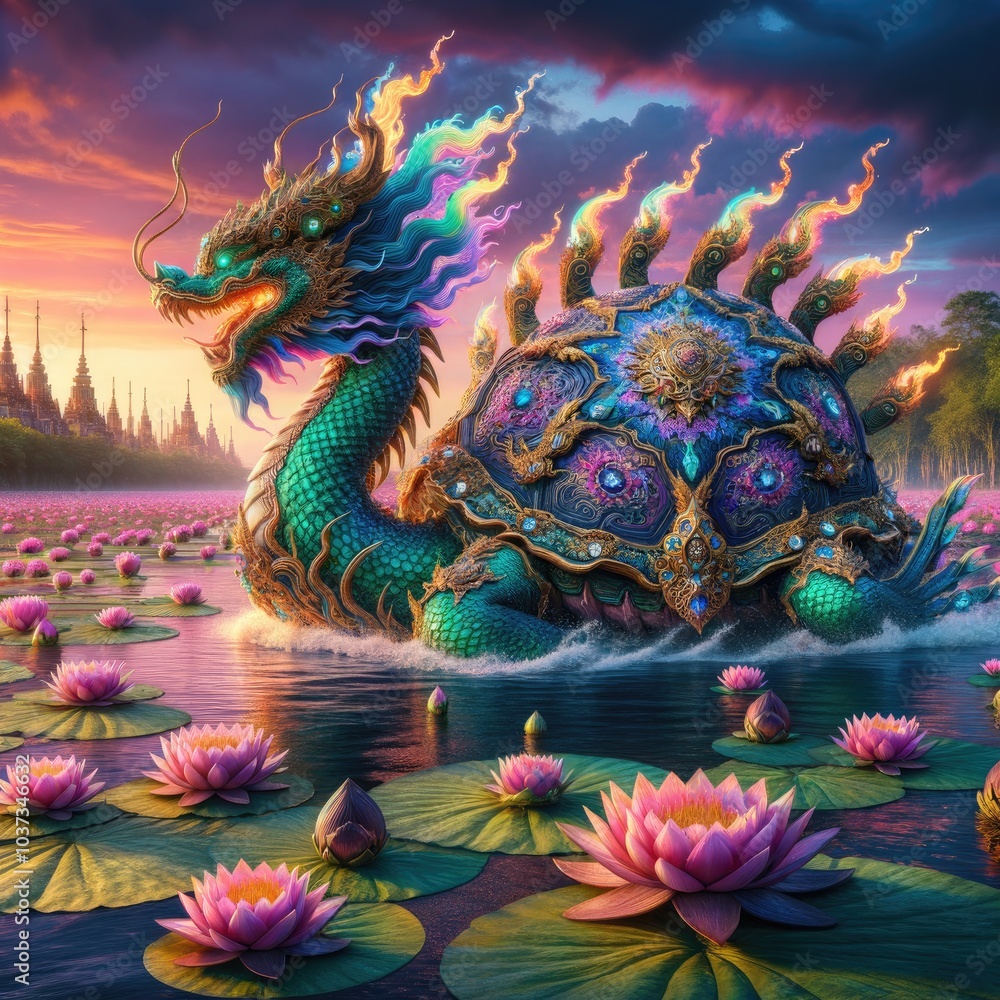 Majestic Mythical Turtle-Dragon: A Regal Creature with Ornate Jewel-Encrusted Shell Gliding Through a Lotus-Filled Lake Under a Glowing Sunset in a Mystical Landscape Majestic Mythical Turtle-Dragon: A Regal Creature with Ornate Jewel-Encrusted Shell Gliding Through a Lotus-Filled Lake Under a Glowing Sunset in a Mystical Landscape