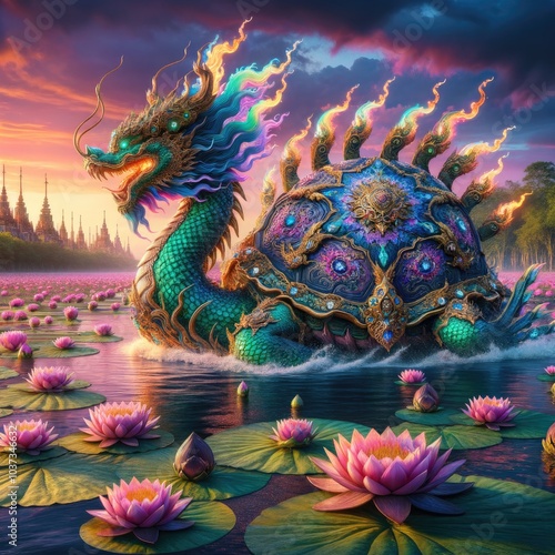 Majestic Mythical Turtle-Dragon: A Regal Creature with Ornate Jewel-Encrusted Shell Gliding Through a Lotus-Filled Lake Under a Glowing Sunset in a Mystical Landscape