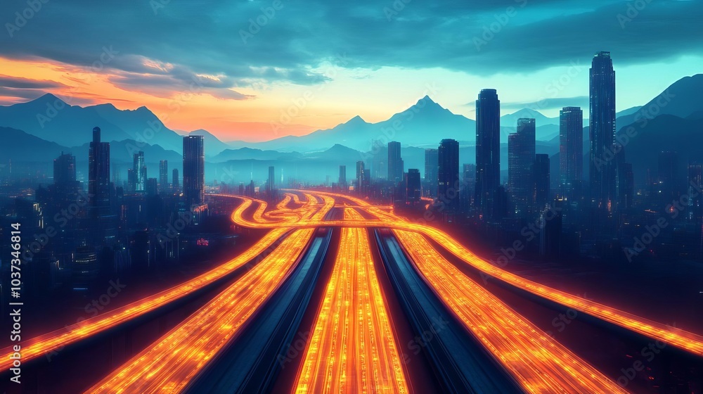 Fototapeta premium Sci-fi cityscape on alien world, vast skyscrapers, glowing highways, alien mountains in distance
