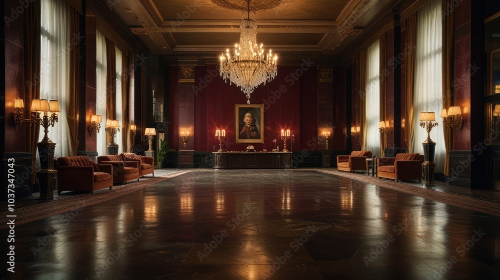Grand and elegant reception hall with high ceilings, a large chandelier, and a portrait on the wall, furnished with comfortable leather armchairs and a large desk. Grand and elegant reception hall with high ceilings, a large chandelier, and a portrait on the wall, furnished with comfortable leather armchairs and a large desk.
