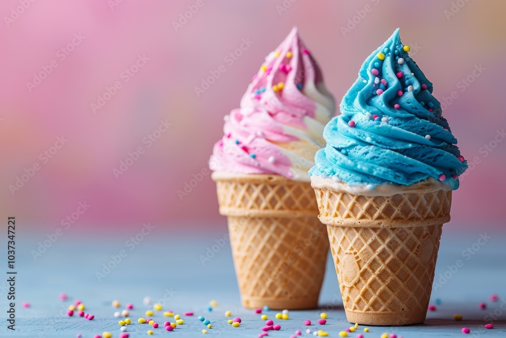 Delicious ice cream cones with pink and blue swirls topped with colorful sprinkles on a vibrant background Delicious ice cream cones with pink and blue swirls topped with colorful sprinkles on a vibrant background