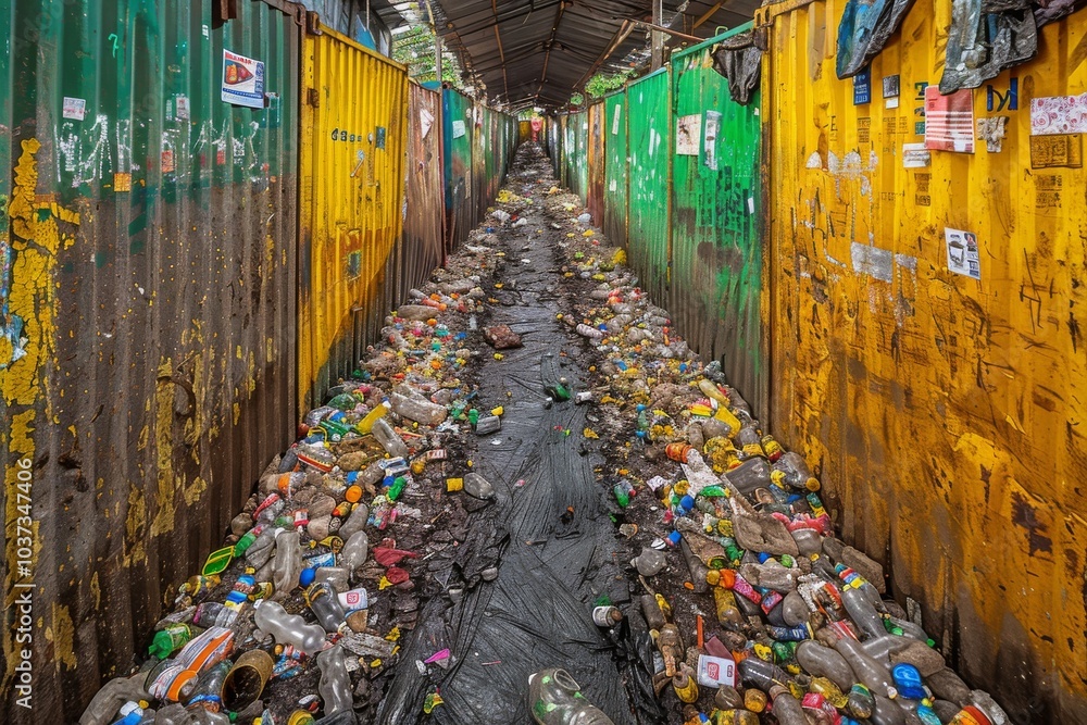 Fototapeta premium A narrow pathway through a waste-filled alley between colorful shipping containers in an urban environment during daylight