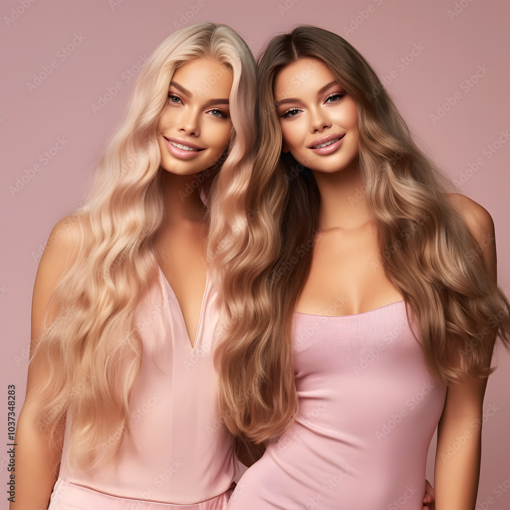 two beautiful models, smiling, super long hair, wavy, curly hair, straight hair, smiling against professional studio neutral bacground two beautiful models, smiling, super long hair, wavy, curly hair, straight hair, smiling against professional studio neutral bacground