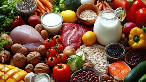 Fototapeta Naklejka Na Ścianę i Meble -  vibrant and colorful display of various organic foods including fruits, vegetables, grains, and proteins, showcasing healthy lifestyle and nutrition