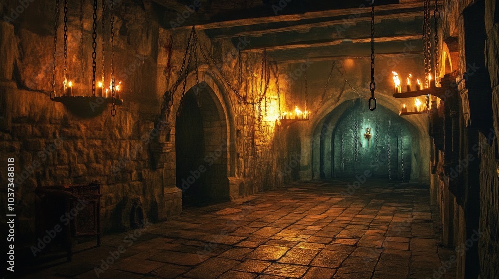 Fototapeta premium cave inside a medieval castle with chains and burning torches