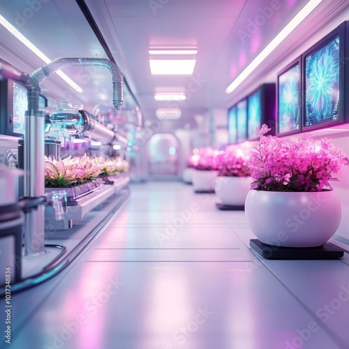 Space station with biolabs, alien flora, holographic monitors, futuristic equipment photo