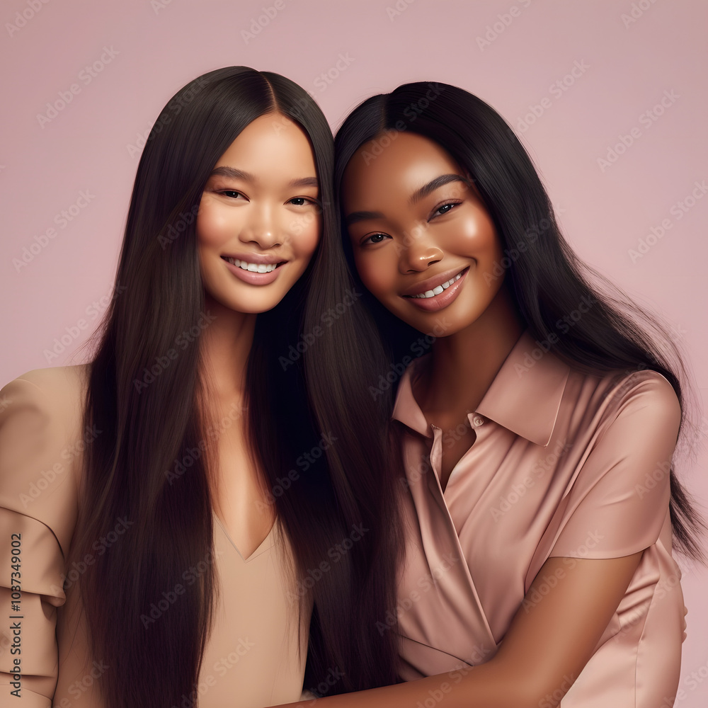 two beautiful models, smiling, super long hair, wavy, curly hair, straight hair, smiling against professional studio neutral bacground two beautiful models, smiling, super long hair, wavy, curly hair, straight hair, smiling against professional studio neutral bacground