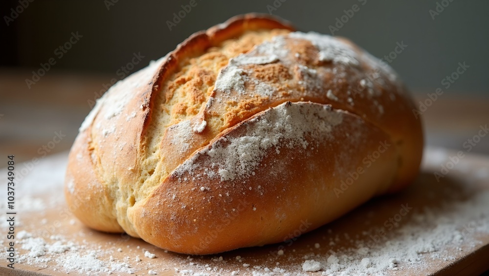 Artisan bread loaf with golden crust on wooden board Artisan bread loaf with golden crust on wooden board