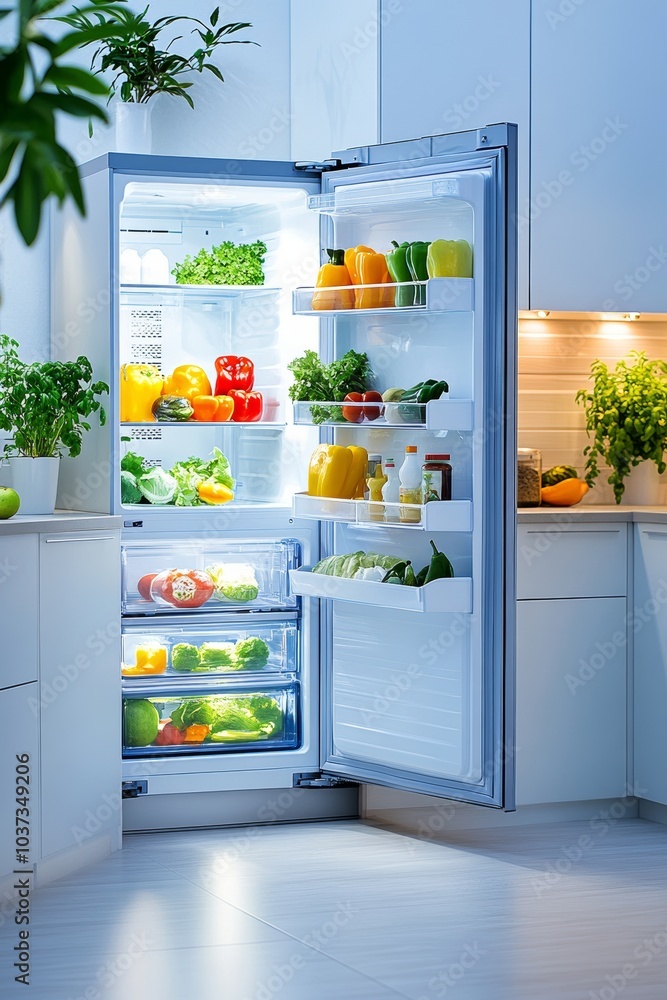Un refrigerador lleno de frutas y verduras frescas en una cocina luminosa y moderna. Esta imagen no es una ilustración vectorial.
Un refrigerador lleno de frutas y verduras frescas en una cocina luminosa y moderna. Esta imagen no es una ilustración vectorial.