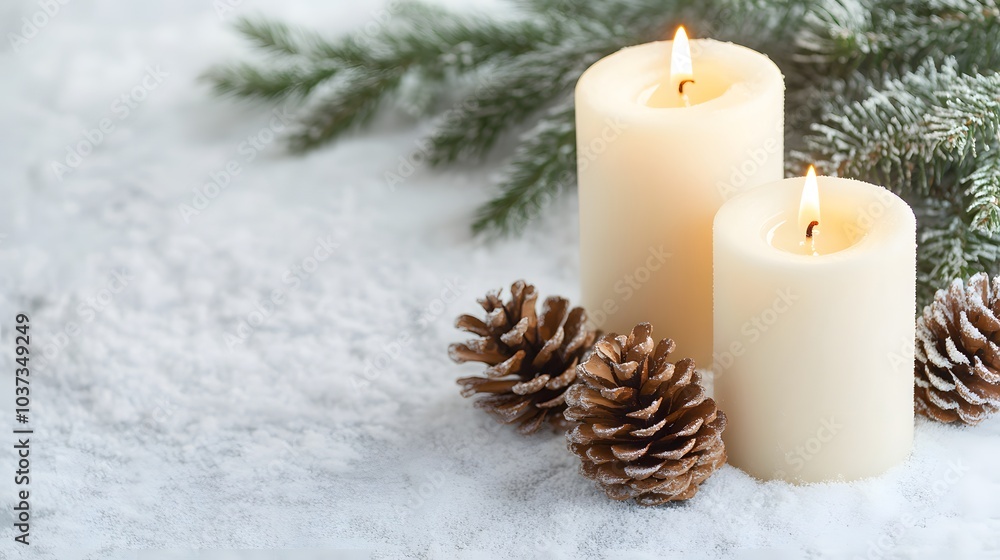 Two Burning Candles, Pine Cones, and Evergreen Branch in the Snow Two Burning Candles, Pine Cones, and Evergreen Branch in the Snow