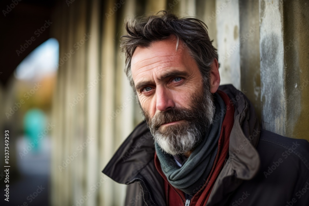 Portrait of a handsome man with a long beard and mustache, wearing a scarf and coat, standing outside in an urban context Portrait of a handsome man with a long beard and mustache, wearing a scarf and coat, standing outside in an urban context