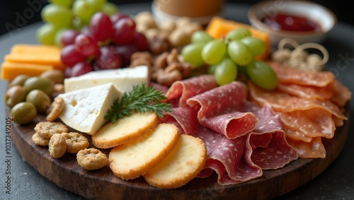 Exquisite charcuterie board with cheeses meats fruits and crackers