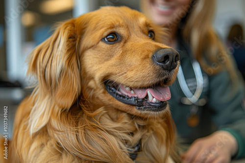 Man veterinarian holding a dog, happy doctor with dog at vet clinic . Generative AI