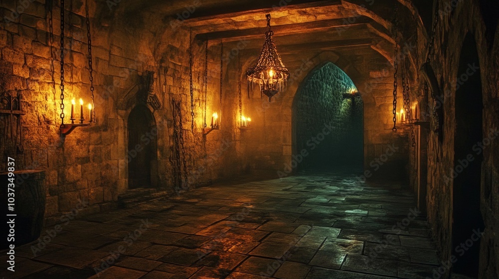 Fototapeta premium cave inside a medieval castle with chains and burning torches