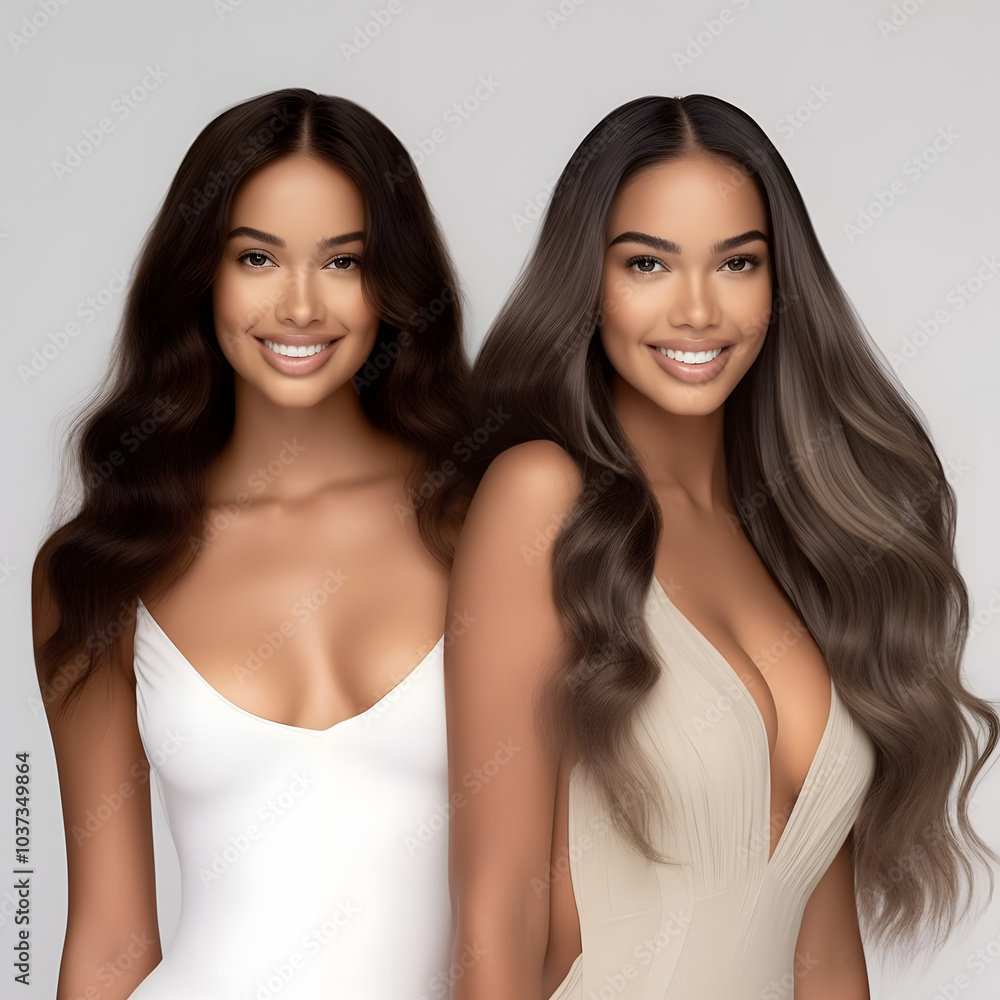 two beautiful models, diversity, ethnicity, with extra long, smooth, silky, luxury looking hair two beautiful models, diversity, ethnicity, with extra long, smooth, silky, luxury looking hair