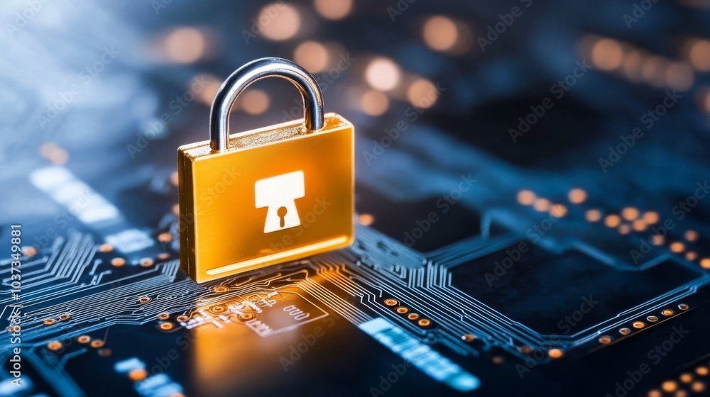 Un candado dorado colocado sobre una placa de circuito electrónico, representando la seguridad cibernética y la protección de datos.
Un candado dorado colocado sobre una placa de circuito electrónico, representando la seguridad cibernética y la protección de datos.