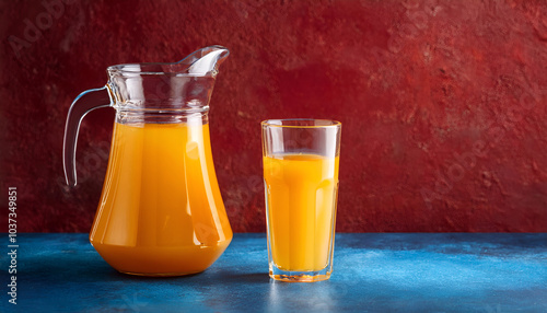 A pitcher and glass filled with fresh orange juice sit on a vibrant blue surface against a striking red background, embodying freshness and vitality.