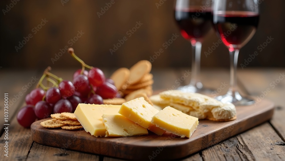 Obraz premium Sophisticated wine and cheese platter with red wine assorted cheeses crackers and grapes