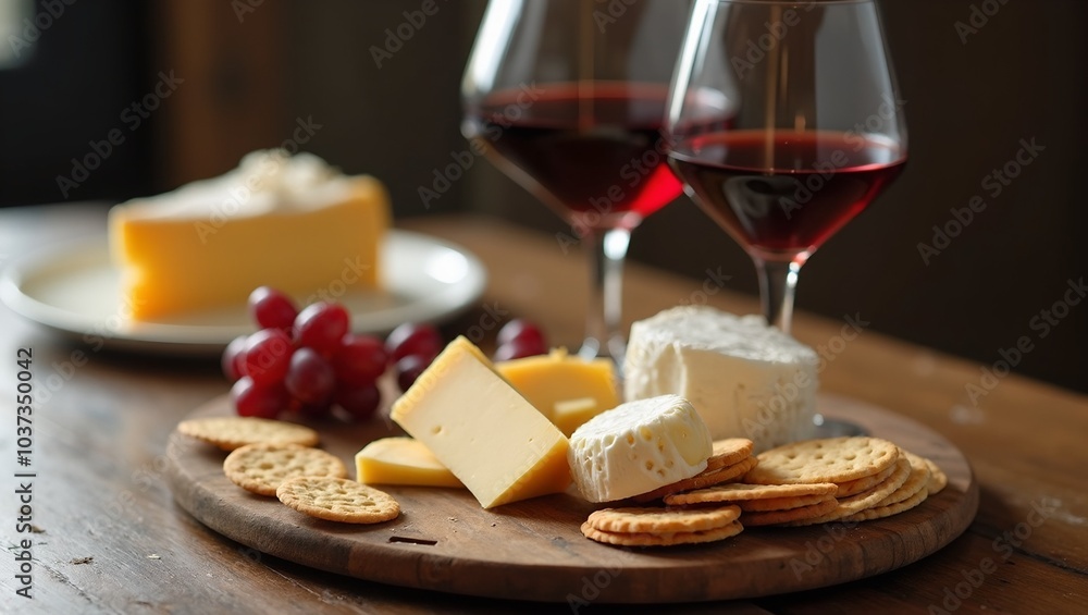 Sophisticated wine and cheese platter with red wine assorted cheeses crackers and grapes Sophisticated wine and cheese platter with red wine assorted cheeses crackers and grapes