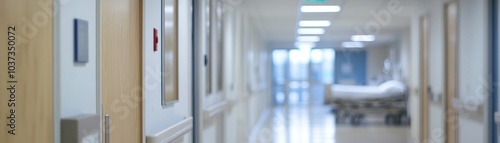 A clean, brightly lit hospital corridor leads to patient rooms, showcasing a calm and sterile environment.