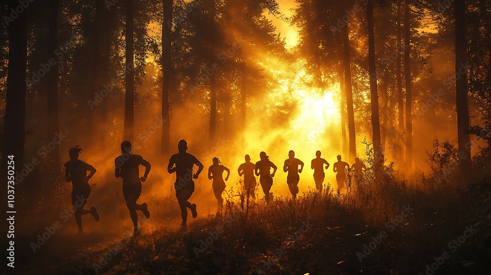Group of runners racing through a forest with sunlight streaming through the trees Group of runners racing through a forest with sunlight streaming through the trees