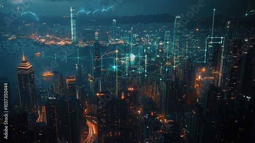 Vibrant Night Cityscape with Digital Overlay Elements