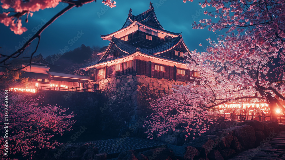Obraz premium Hikone Castle Light-up, a magnificent traditional Japanese castle lit up with warm lights at night, old stone walls and distinctive roofs, Ai generated images
