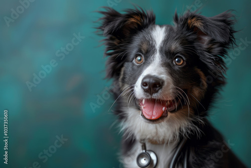 Dog and stethoscope isolated on black background. Little dog on reception at veterinary doctor. Generative AI