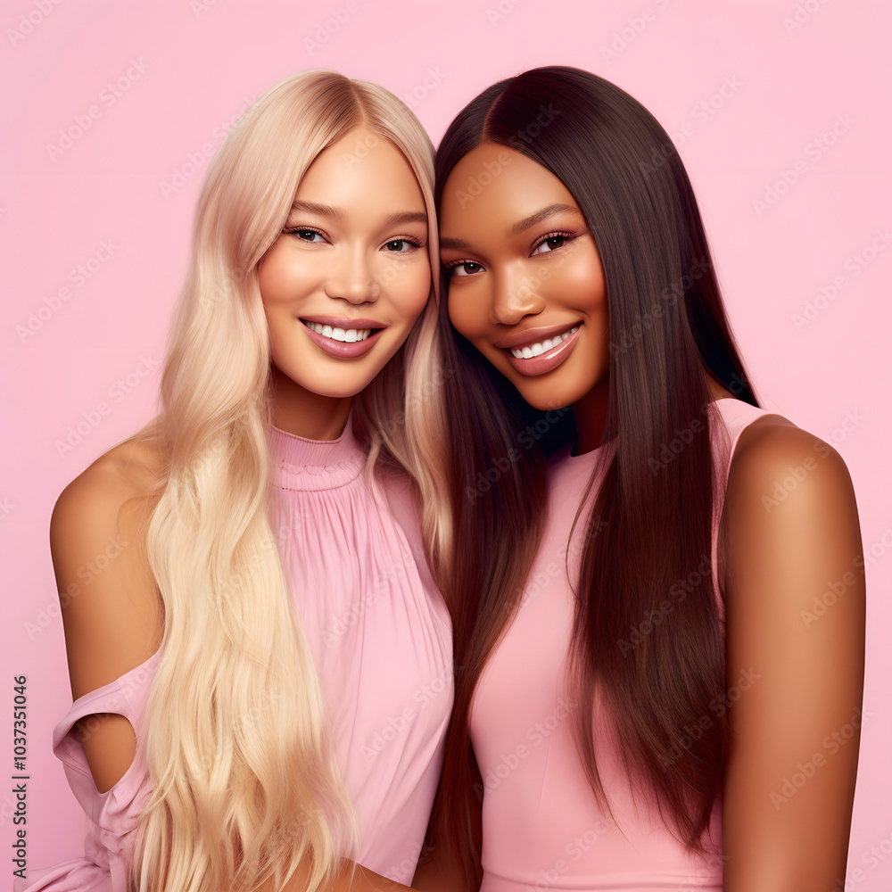 group of 3 beautiful young models, extremely long hair, silky, smooth, curly, natural looking, elegant hairstyles, professional studio background group of 3 beautiful young models, extremely long hair, silky, smooth, curly, natural looking, elegant hairstyles, professional studio background