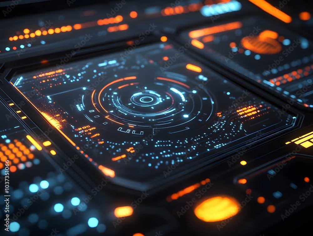 Futuristic digital interface with glowing elements and data visualization. Futuristic digital interface with glowing elements and data visualization.