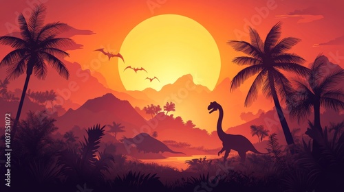 beautiful sunset in prehistory with shadow of dinosaurs under great sun